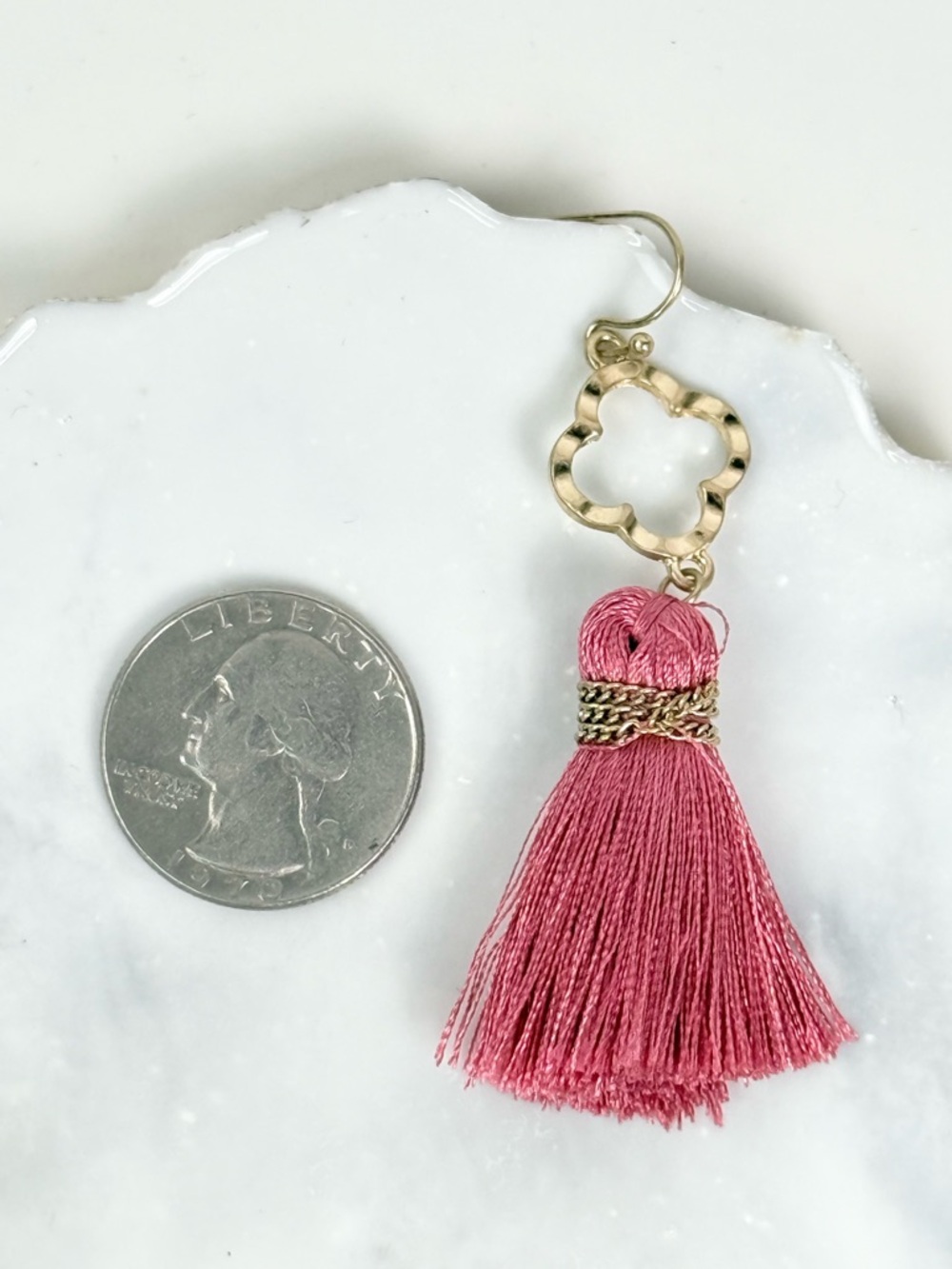 Pink Tassel Clover Drop Earrings Gold Tone Boutique Statement Fashion Earrings - Picture 4 of 4